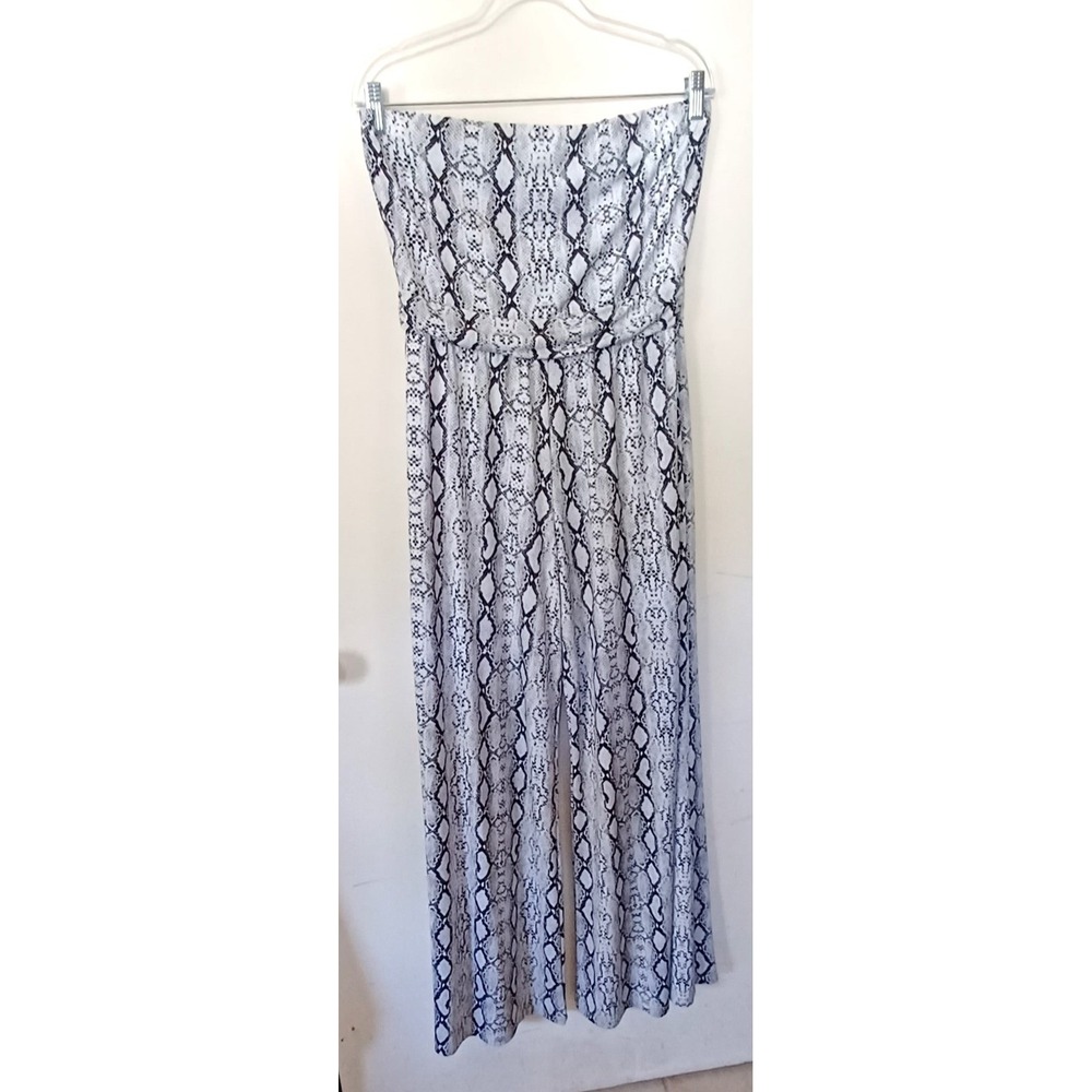 Peach Love California Snakeskin Strapless Wide Leg Jumpsuit Grey Black‎ Large